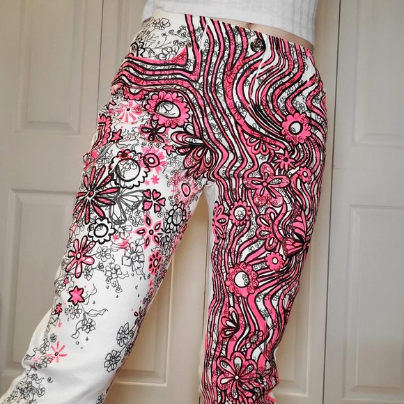 Hand Crafted Denim - Y2K 70's inspired pink psychedelic flowers & groovy waves high rise mom jeans 8